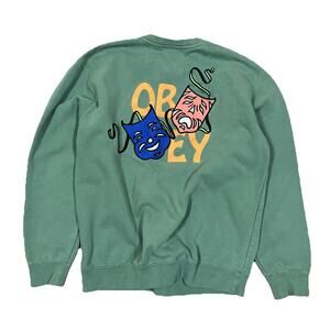 OBEY Laughing Crying Theater Masks Embroidered Crewneck Sweater Medium Y2K Skate